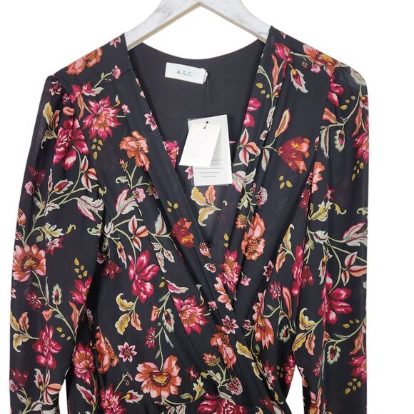 A.L.C. Dress Womens 10 Black Floral Haven Ruched Silk Long‎ Sleeve NWT Flaw $595 - Picture 7 of 16